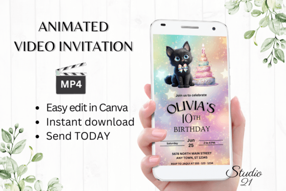 Download Cute Black Cat Birthday Invitation - Birthday Collection