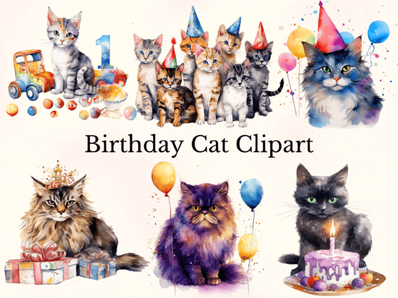 Download Watercolor Birthday Cat Clipart - Birthday Collection