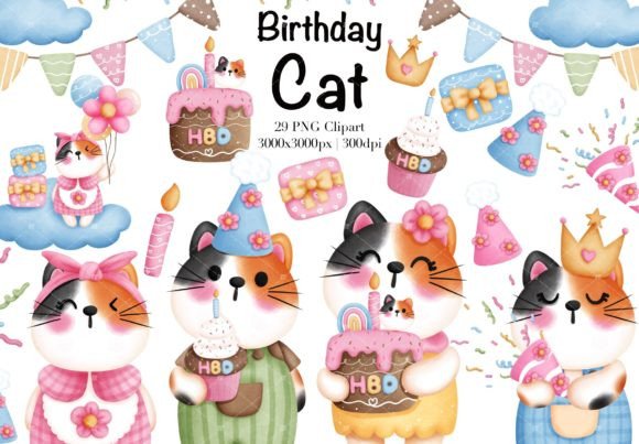 Download Watercolor Birthday Cat Clipart. - Birthday Collection