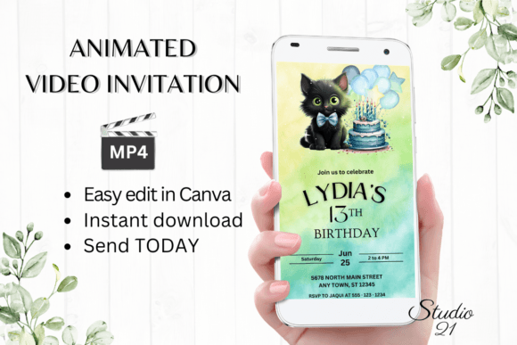 Download Cute Black Cat Birthday Invitation - Birthday Collection