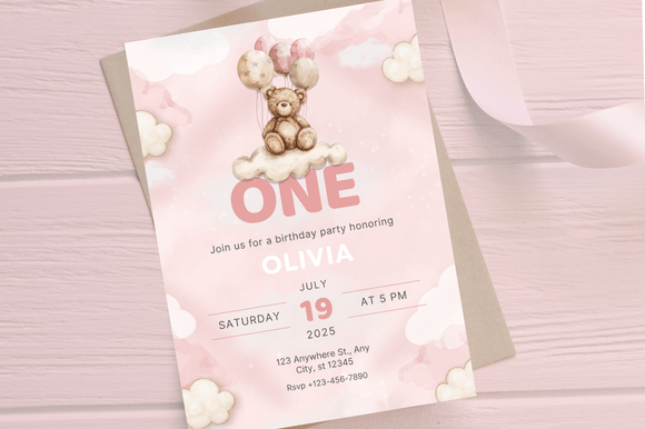 Download First Birthday Invitation Girl - Canva - Birthday Collection