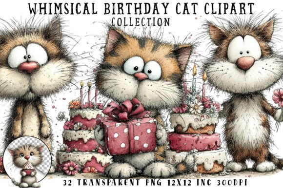 Download Whimsical Birthday Cat Clipart - Birthday Collection