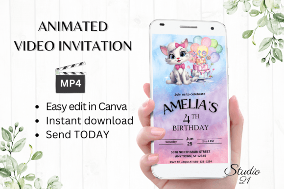 Download Digital Cute Cat Birthday Invitation - Birthday Collection