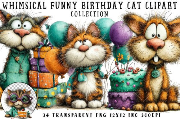 Download Whimsical Funny Birthday Cat Clipart - Birthday Collection