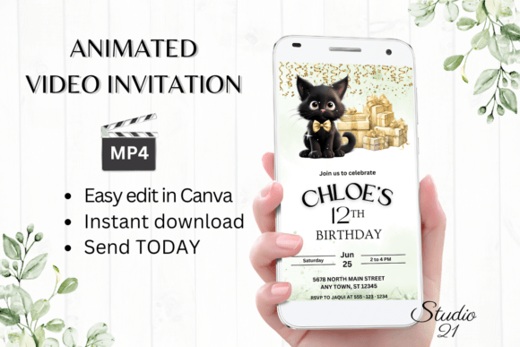 Download Cute Black Cat Birthday Invitation - Birthday Collection