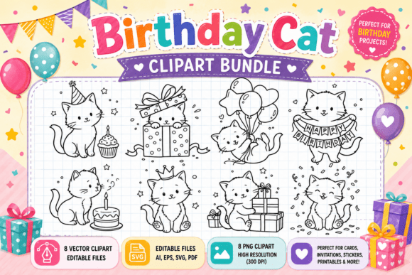 Download Birthday Cat Clipart Bundle - Birthday Collection